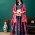 SWAMI STUDIO Women Jacquard A-line Semi Stitched Lehenga Choli ( Turquoise )