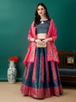 SWAMI STUDIO Women Jacquard A-line Semi Stitched Lehenga Choli ( Turquoise )