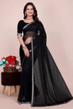 Sadhvi Lycra Solid Saree With Unstitched Blouse Piece ( Black )