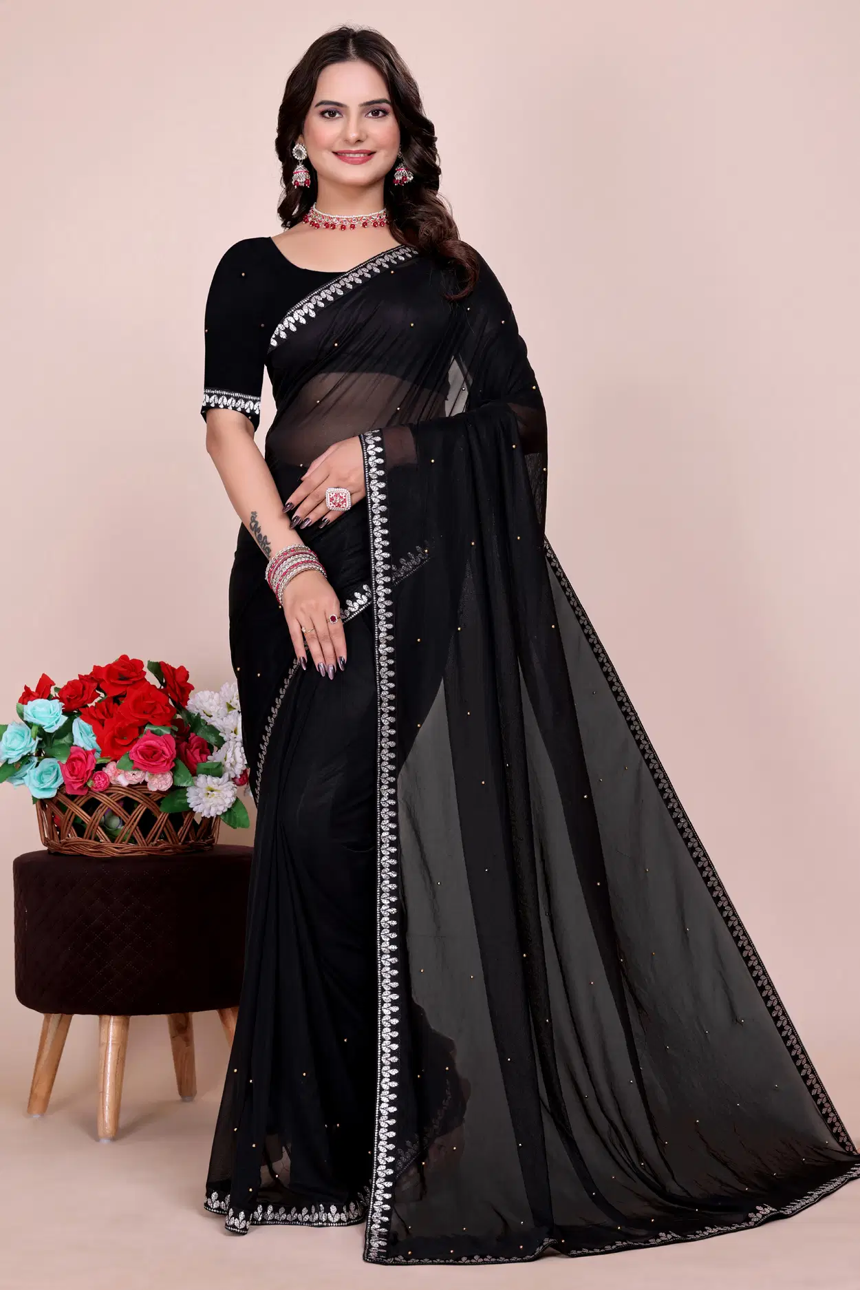Sadhvi-Art-Silk-Embellished-Chanderi-SDL996774500-1-7a4f9 Sadhvi Lycra Solid Saree With Unstitched Blouse Piece ( Black ) - Image 1