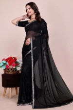 Sadhvi Lycra Solid Saree With Unstitched Blouse Piece ( Black ) - Image 2