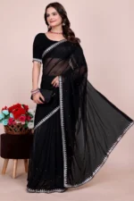 Sadhvi Lycra Solid Saree With Unstitched Blouse Piece ( Black ) - Image 4