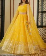 Sahaj Creation Yellow Net Chaniya Choli Semi Stitched Lehenga Single