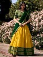 Trijal Fab Yellow Kanchipuram Circular Semi Stitched Lehenga Single