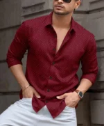 VELLOSTA Polyester Regular Fit Self Design Full Sleeves Men's Casual Shirt - Maroon ( Pack of 1 )