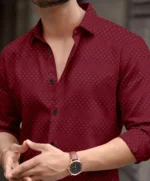 VELLOSTA Polyester Regular Fit Self Design Full Sleeves Men's Casual Shirt - Maroon ( Pack of 1 ) - Image 3