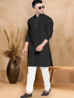 Black Cotton Blend Regular Fit Men's Kurta Pyjama Set ( Pack of 1 ) - Image 3