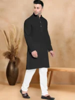 Black Cotton Blend Regular Fit Men's Kurta Pyjama Set ( Pack of 1 ) - Image 4
