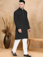 Black Cotton Blend Regular Fit Men's Kurta Pyjama Set ( Pack of 1 ) - Image 4