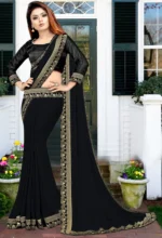 WXW Fashion Lycra Embroidered Regular Saree With Unstitched Blouse Piece ( Black ) - Image 2