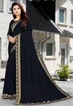WXW Fashion Lycra Embroidered Regular Saree With Unstitched Blouse Piece ( Black ) - Image 3