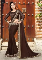 WXW Fashion Lycra Embroidered Regular Saree With Unstitched Blouse Piece ( Brown ) - Image 2