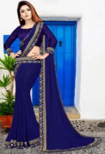 WXW Fashion Lycra Embroidered Regular Saree With Unstitched Blouse Piece ( Blue ) - Image 2
