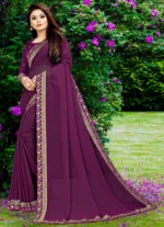 WXW Fashion Lycra Embroidered Regular Saree With Unstitched Blouse Piece ( Purple ) - Image 3