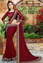 WXW Fashion Lycra Embroidered Regular Saree With Unstitched Blouse Piece ( Maroon ) - Image 2