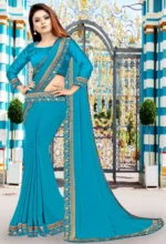 WXW Fashion Lycra Embroidered Regular Saree With Unstitched Blouse Piece ( Light Blue ) - Image 2