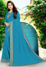 WXW Fashion Lycra Embroidered Regular Saree With Unstitched Blouse Piece ( Light Blue ) - Image 3