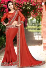WXW Fashion Lycra Embroidered Regular Saree With Unstitched Blouse Piece ( Red ) - Image 2
