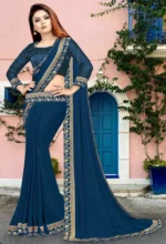 WXW Fashion Lycra Embroidered Regular Saree With Unstitched Blouse Piece ( Navy Blue ) - Image 2