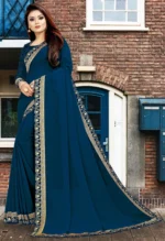 WXW Fashion Lycra Embroidered Regular Saree With Unstitched Blouse Piece ( Navy Blue ) - Image 3
